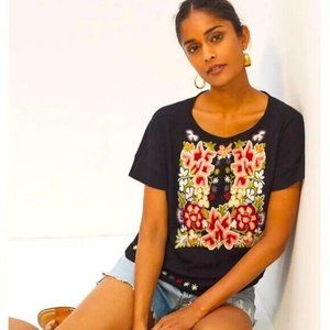 Anthropologie TINY Black Colorful Embroidered Short Sleeve Top